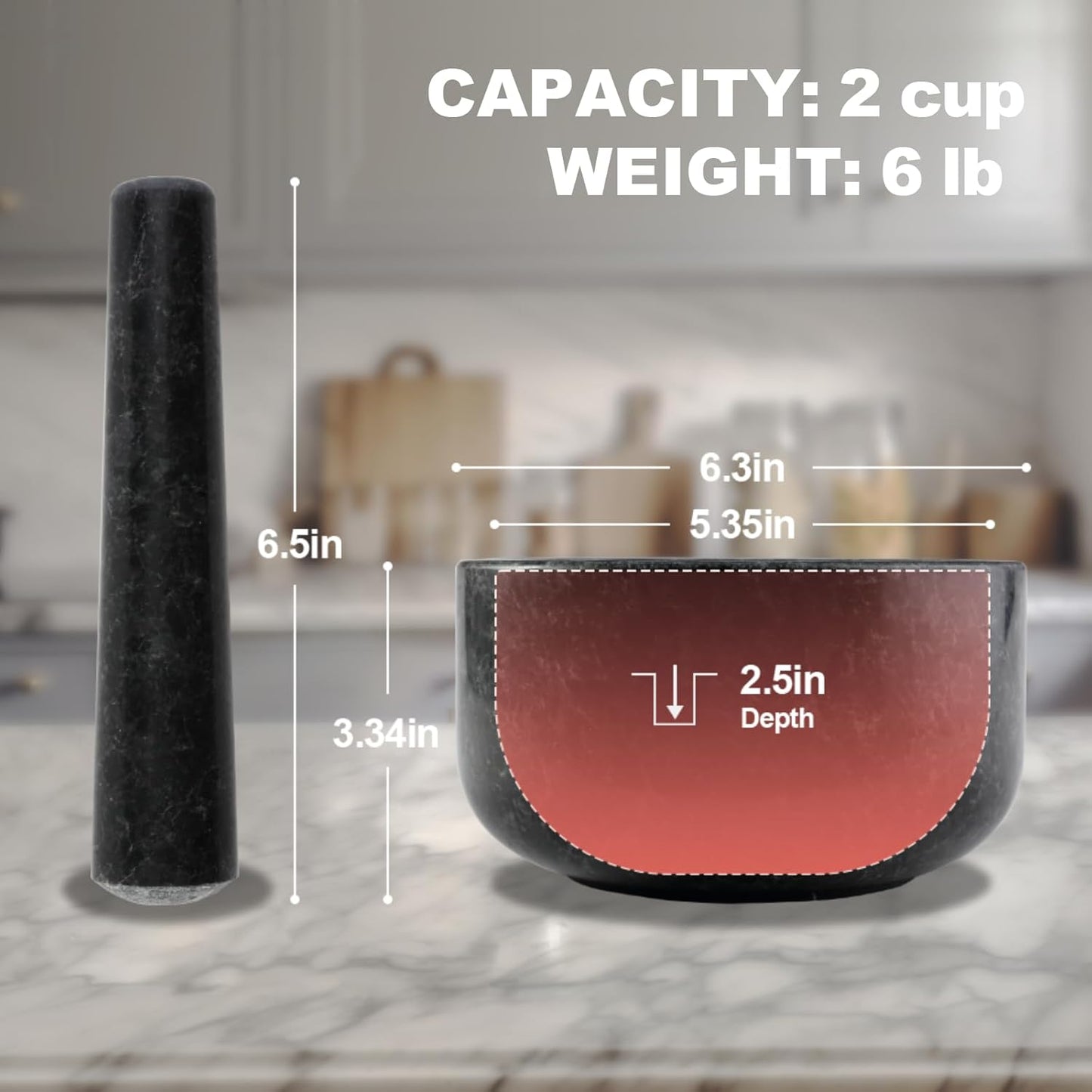 Koville Granite Mortar and Pestle Set, 6.3"-2 Cups Stone Grinder Bowl for Guacamole, Salsa, Pill Crusher, Spice, Herb, Garlic, Nut, Heavy Duty Grinder for Kitchen