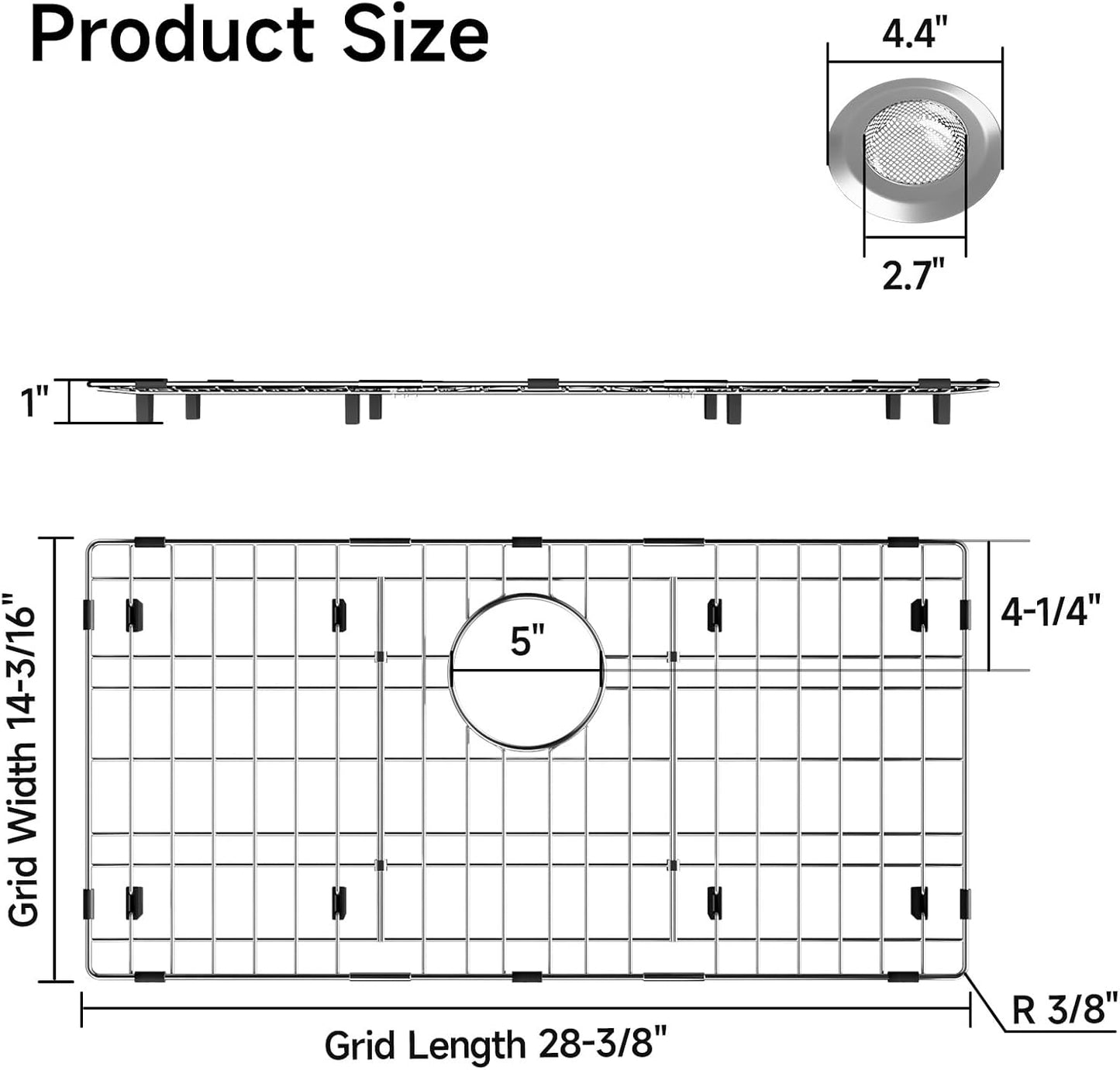 28-3/8’’ x 14-3/16’’ Stainless Steel Sink Grid, Sink Protectors for Kitchen Sink, Sink Protector with Rear Drain for Single Sink Bowl, Sink Bottom Grid, Sink Grate for Bottom with Sink Strainer