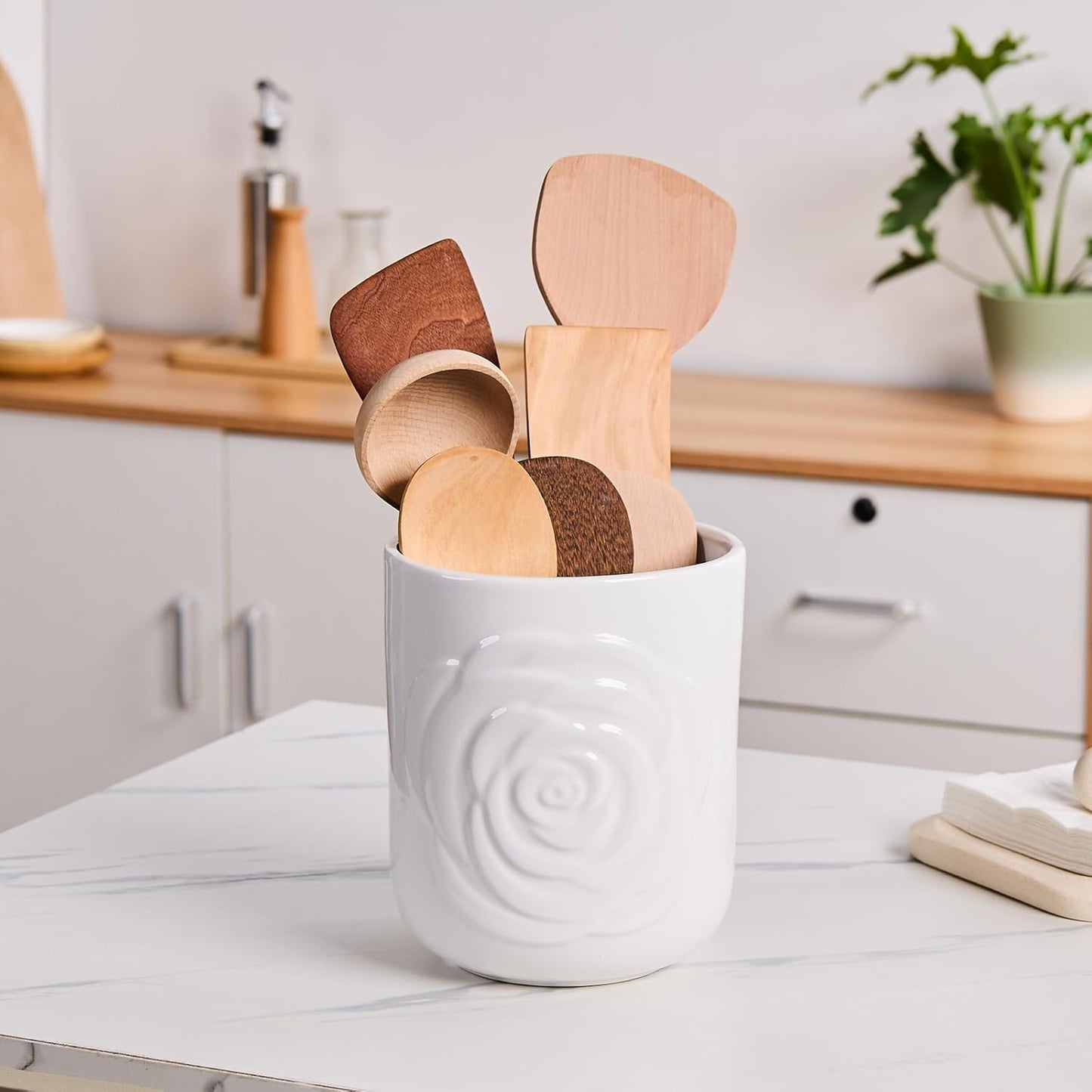 White Ceramic Utensil Holder Set of 2 - Rose Carved Design, Kitchen Countertop Utensil Organizer for Spatula, Spoon & Cooking Tools, Large (7.5") & Small (5.5"), Farmhouse Kitchen Counter Decor