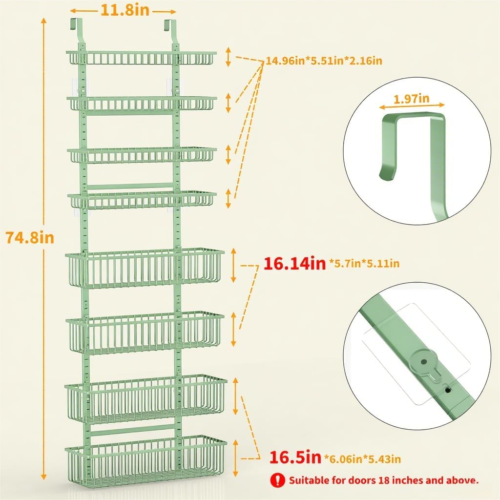 Moforoco Sage Green Over The Door Pantry Organizer, Pantry Door Organizer Shelves, Kitchen Organizers and Storage, Hanging Basket Wall Spice Rack Seasoning Shelves