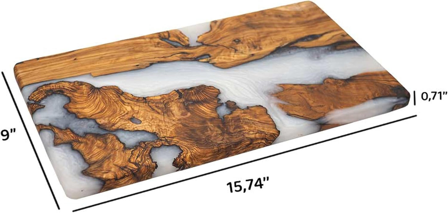 Handmade Charcuterie & Cutting Board - Decorative, Olive Wood Boards for Serving Cheese, Fruit, Meat - Ideal Kitchen, Unique Housewarming Gift - White Resin