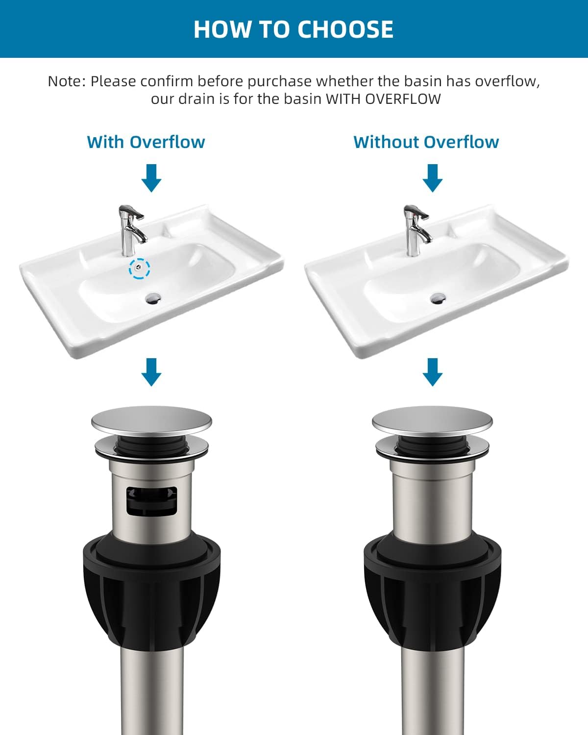 Hibbent 2 Pack Metal Bathroom Sink Drain with Overflow, Pop Up Detachable Stopper, Stainless Steel Vessel Lavatory Vanity Sink Strainer, Anti-Clogging Design, Chrome