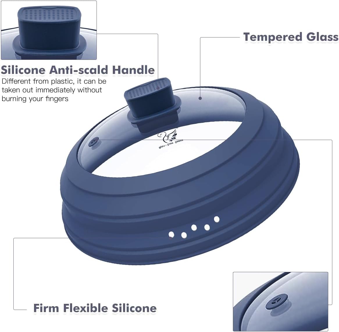 Microwave Splatter Cover Glass Cover Guard Lid with Collapsible Silicone for Food Pot Plate Cover 10.8 inch Dark Blue