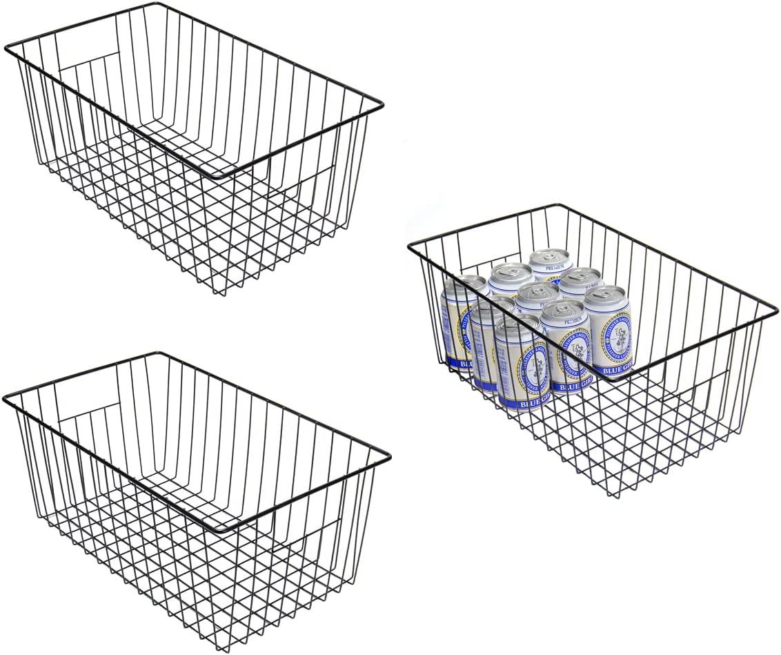 16inch Freezer Storage Organizer Baskets, Refrigerator Metal Wire Basket Bins with Handles for Kitchen, Pantry, Cabinet, Closets(Black, 3Pack)