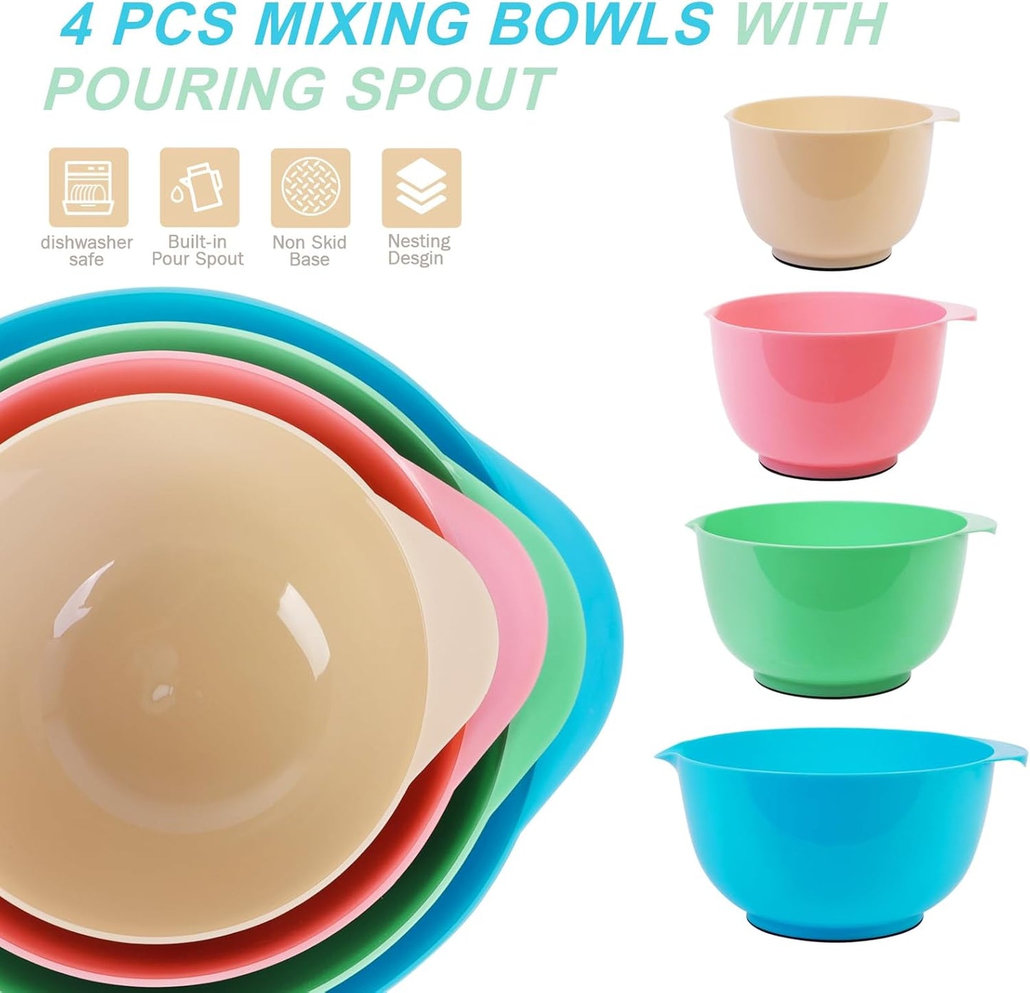 BoxedHome Classic Mixing Bowl Set, BPA Free Plastic, Microwave and Dishwasher Safe, 4.5 quarts (Pink/Cyan)