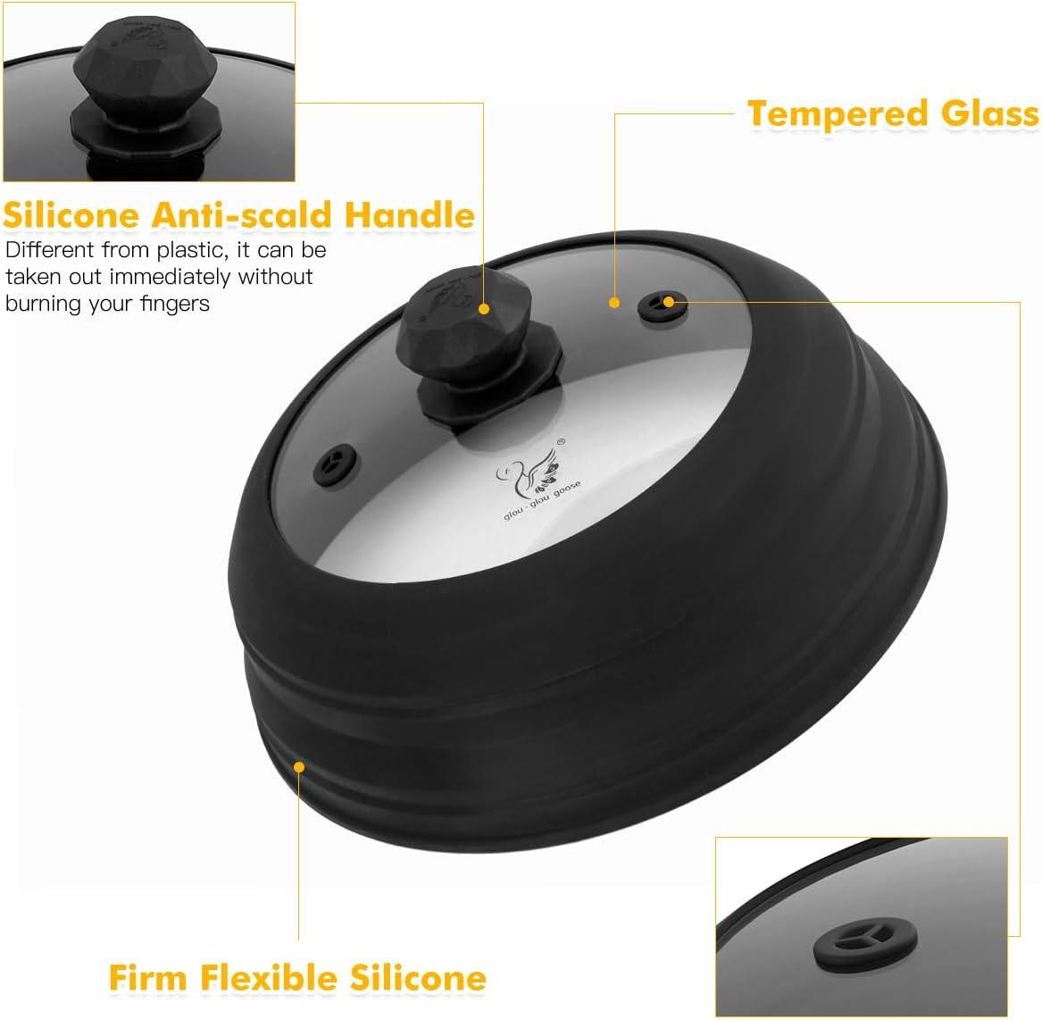 Microwave Splatter Cover Vented Glass Splatter Guard Lid with Collapsible Silicone for Food as Pot Cover 11.8 inch Large Plate for 6 7 8 9 10 11 inch Plate Bowl Black