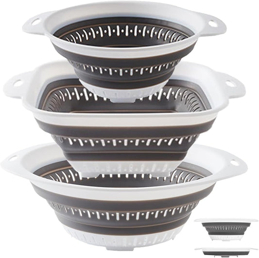 LogFaadCoi 3 Pcs Collapsible Colander and Strainer,Silicone Strainer Colanders & Food Strainers,for Vegetable and Fruit, Kitchen Essentials, white