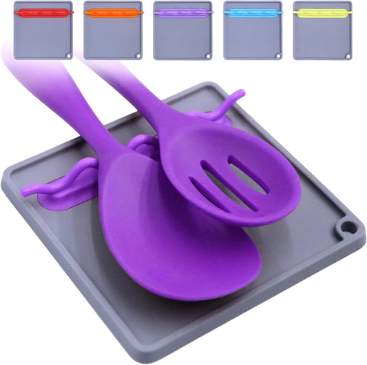Silicone Spoon Rest for Stove, Heat-Resistant & BPA-Free, Non-Slip Kitchen Utensil Holder for Counter, Gray + Purple
