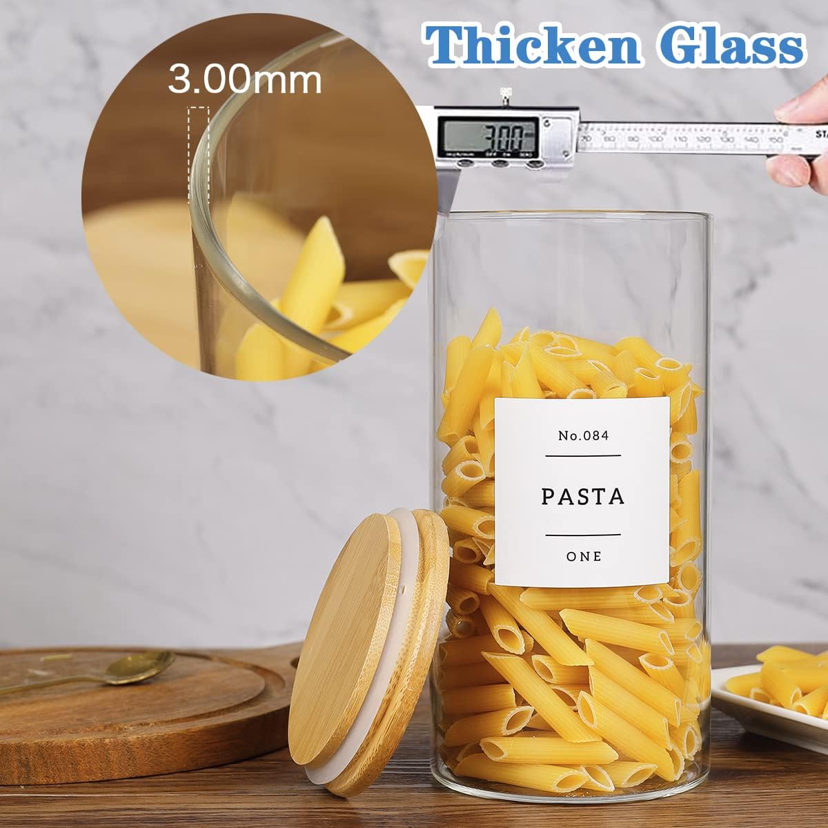 5 Pcs Glass Food Storage Containers With 132 Pantry Labels Preprinted - Thicken(3mm) Jars Airtight Bamboo Lid Stackable Kitchen Canisters Set For Candy, Cookie, Rice, Sugar, Flour