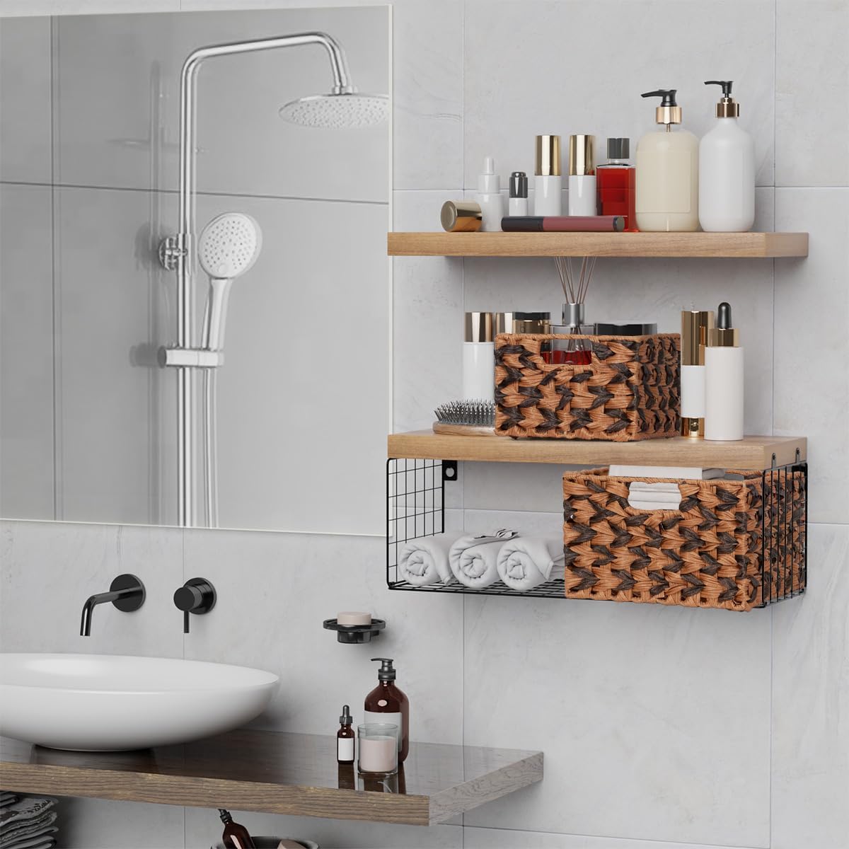 Wicker Baskets, Decorative Storage Boxes with Handles, Rectangular Plastic Wicker Woven Storage Basket for Organizing, 2 Pack Large and Small (Brown & Gray)