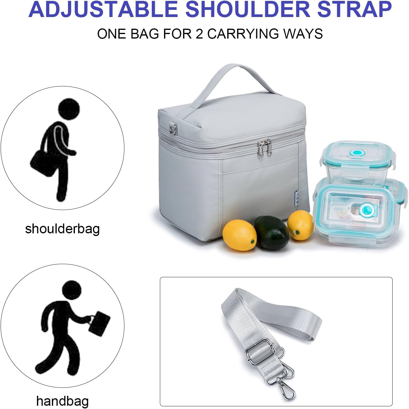 NOL Natural Organic Lifestyle Insulated Lunch Bags for Women Cooler Bag Lightweight Nylon Waterproof Lunch Box For Work (Gray White, Medium(normal))