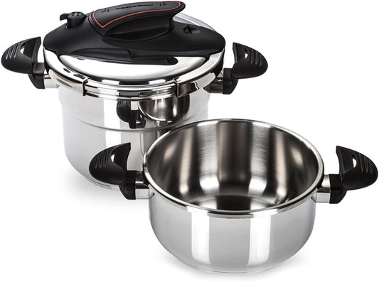 MAGEFESA Prisma Pressure Cooker, 4.2+6.3 Qt, 18/10 Stainless Steel, Easy Lock, Induction Compatible, 5 Safety Systems, 11.6 PSI