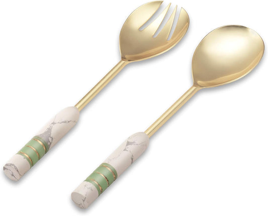 Folkulture Serving Spoons or Salad Servers for Modern Kitchen, Stainless Steel Serving Utensils - Spoon and Fork for Serving Salad, 12-inch Cooking Utensils Set with Marble Handle, Pearl White