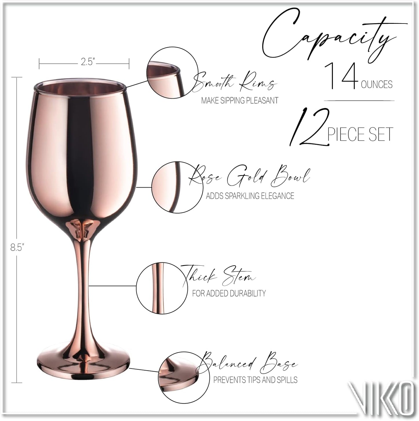 Vikko Decor Fancy Wine Glasses, 14 Oz With Stem, Thick and Durable, Dishwasher Safe, Great for Wine Tasting, Set of 12