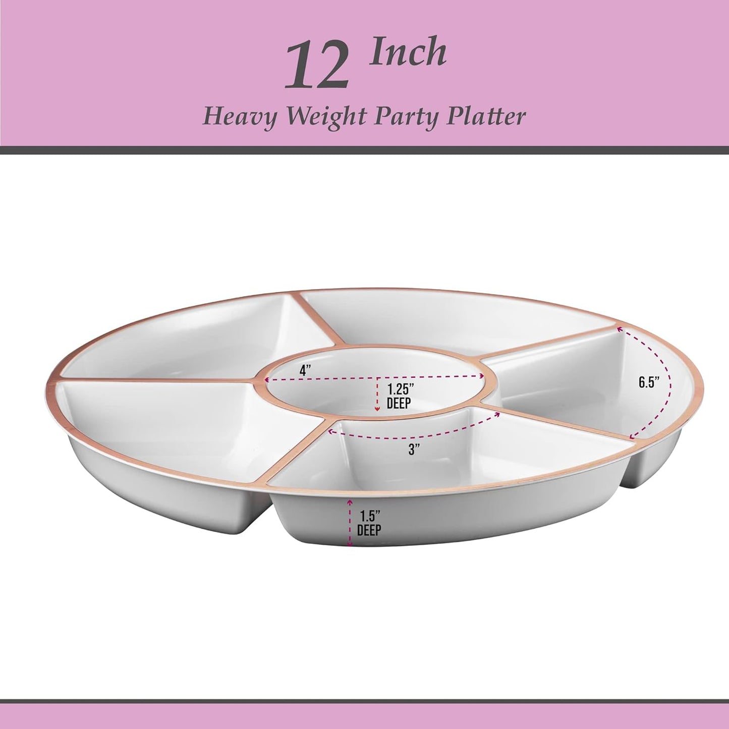 Plasticpro 6 Sectional Round Plastic Serving Tray/Platter (4, White & Rose Gold)