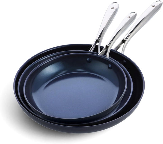 Blue Diamond Hard Anodized 8" 10" & 12" Diamond Infused Healthy Ceramic Nonstick Frying Pan Set, PFAS-Free, Stainless Steel Handle, Dishwasher & Oven Safe to 600F, Durable Cookware, Gray