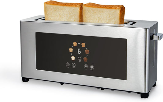 2 Slice Toaster with Touch Screen, Slim Toaster For Long Slice, 1.6" Wide Slot, 6 Browning Levels, 1000W Fast Heating, Slim Stainless Steel Design for Bagels, Baguettes, Compact Kitchen & RV Use