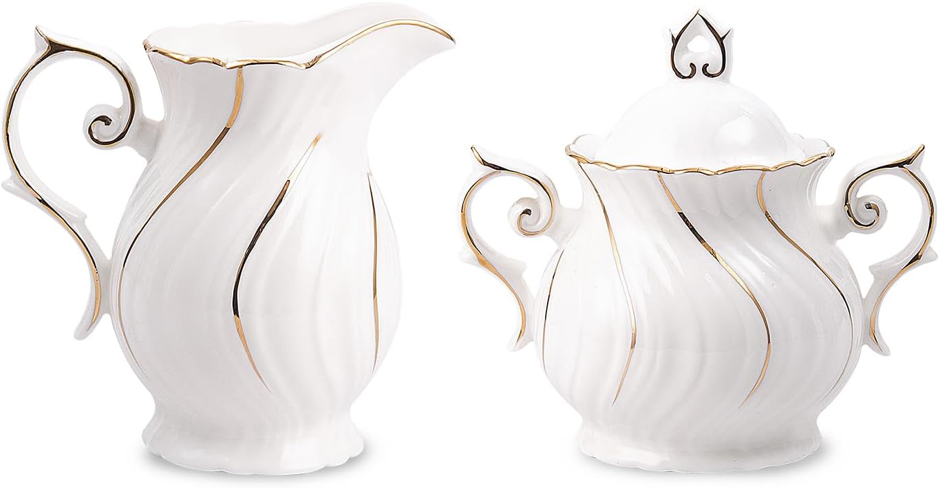 Sugar and Creamer Set Ceramic, Creamer Pitcher and Sugar Bowl with Lid, Creamer Pitcher with Handle,Sugar Cube Dish Coffee or Tea, White with gold thread