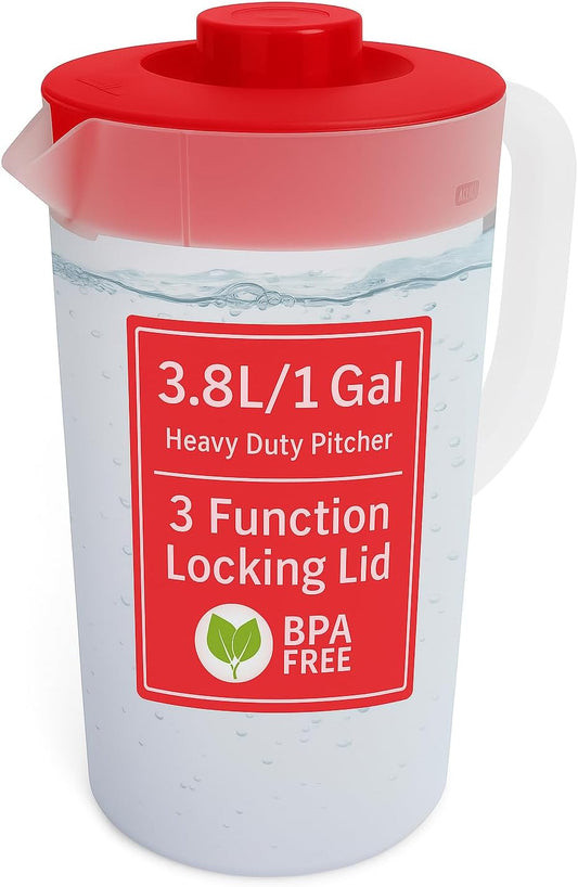 Water Pitcher with Lid 1 Gallon Pitcher, Freezer/Dishwasher Safe, BPA Free & Phthalate Free - Red