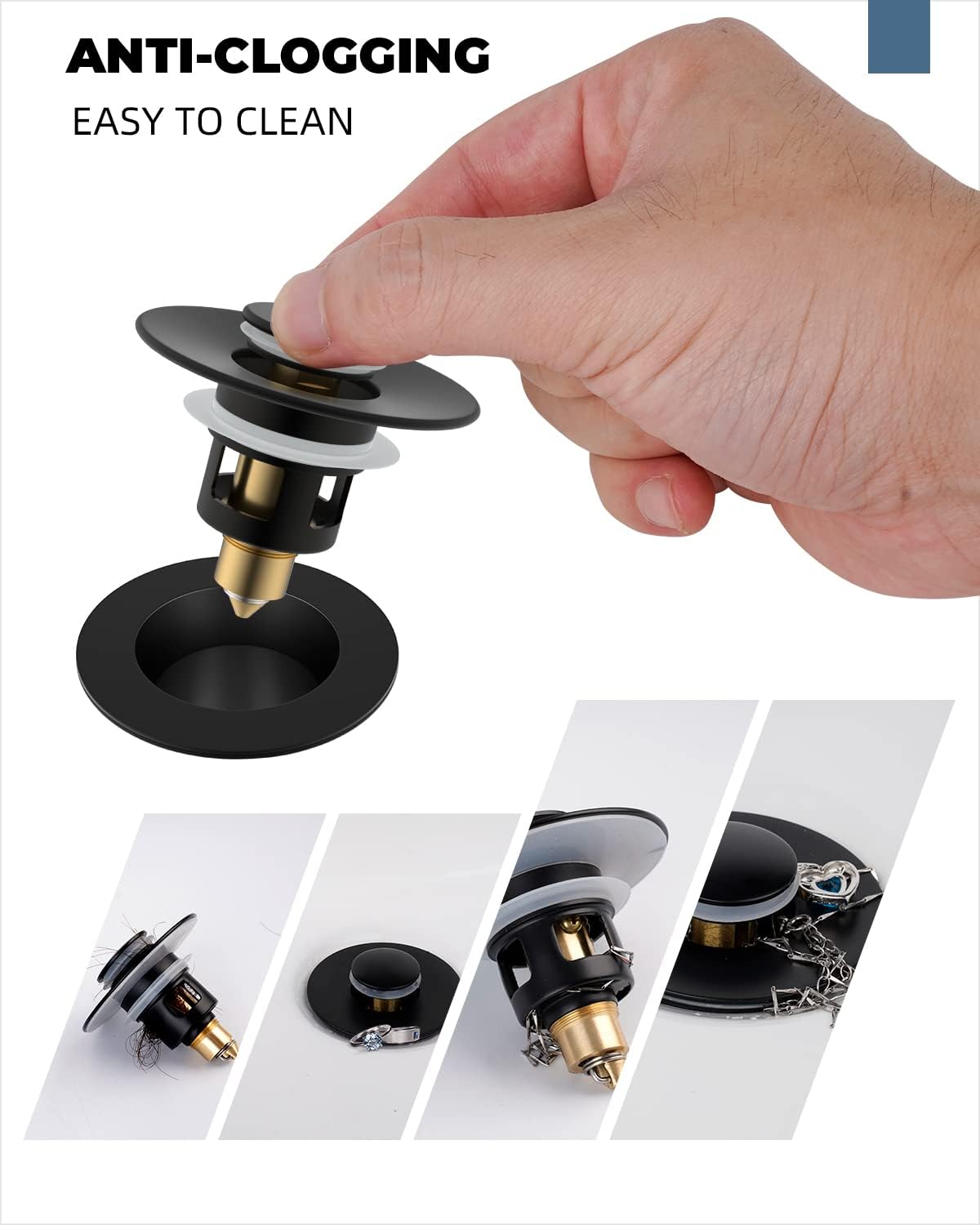 Hibbent All Metal Universal Bathroom Sink Stopper for 1.1''~2.3'' Basin, Pop Up Sink Drain Strainer, Brass Bullet Core Push Type Stopper, Stainless Steel Anti Clogging Drain Filter, Matte Black