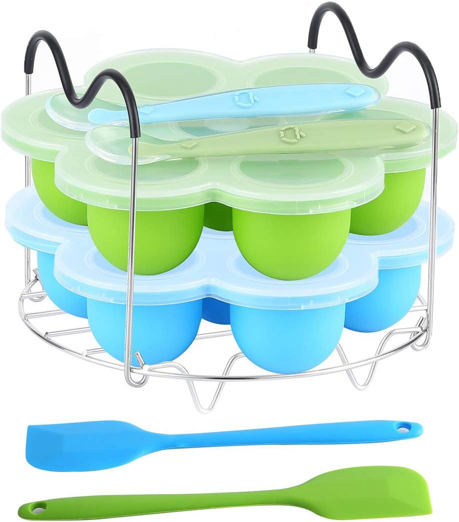 ROTTAY Silicone Egg Bites Molds and Steamer Rack Trivet with Heat Resistant Handles Fit Instant Pot Accessories, 7pcs set for 6qt & 8qt Electric Pressure Cooker With 2 Spoons and Silicone spatula