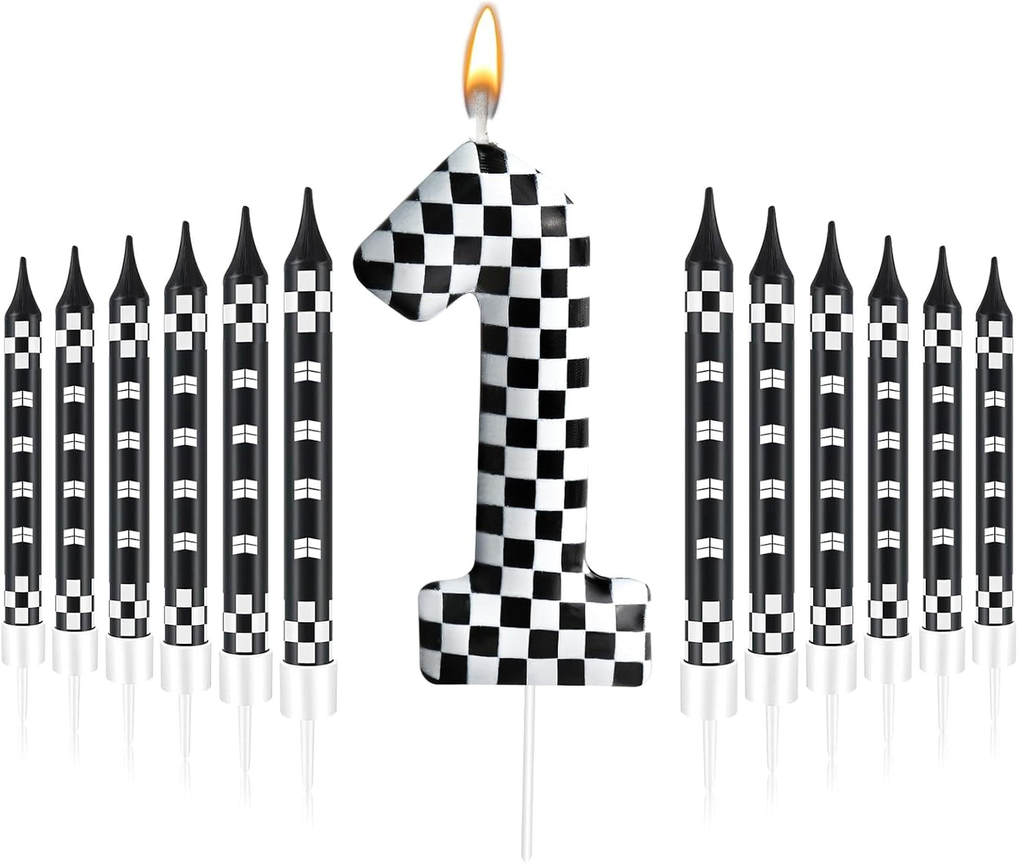 13 Pcs Racing Cars Themed Birthday Candles Black and White Race Number 1 Checkered Candle Cake Topper for Racing Car Party Decoration Supplies (Number 1)