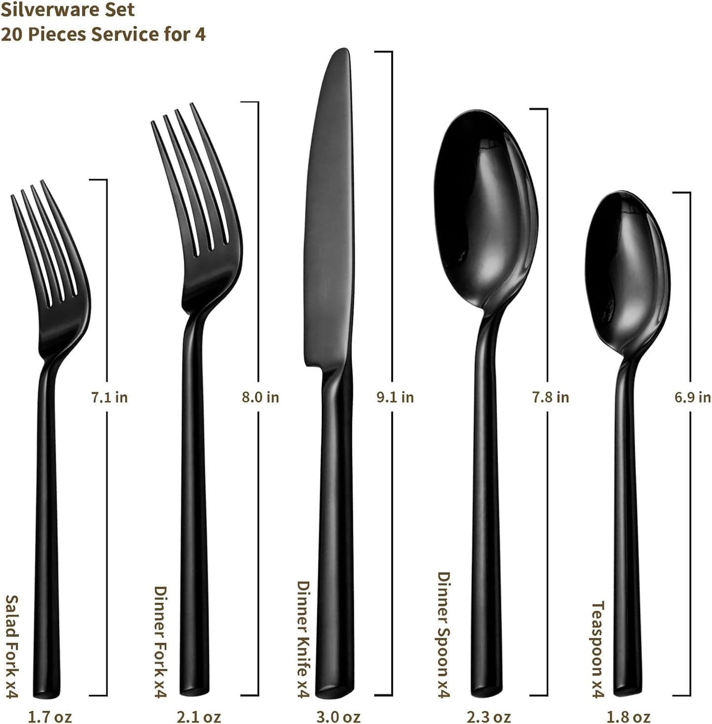 Alata Potter Black 20-Piece Forged Silverware Set with Utensil-Serving Set, Service for 4, Stainless Steel Flatware Set, Modern Design with Mirror Finish, Ideal for Home, Kitchen, Party, Camping