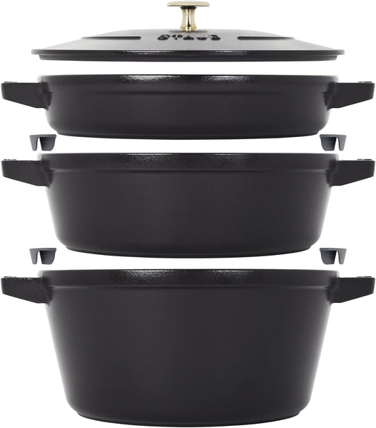 STAUB Cast Iron Set 4-pc, Stackable Space-Saving Cookware Set, Dutch Oven, Skillet, Grill Pan with Universal Lid, Made in France, Matte Black