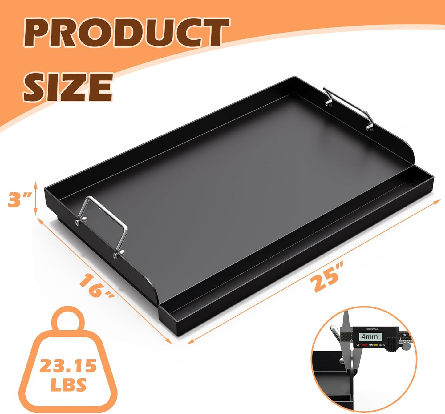 Universal Nonstick Cast Iron Griddle for Gas & Charcoal Grills & Stove Top, Thickened 25" x 16" Flat Top Grill Griddle Plate with Extra High Sidewalls, Grease Groove & Handles, for Camping