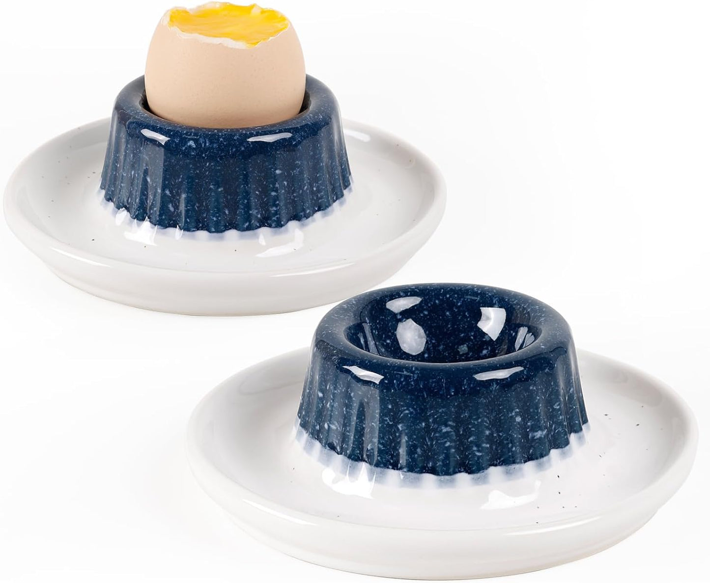 INGOFIN 2 Pcs Ceramic Egg Cups, Soft Boiled Egg Holders Set, Classic Porcelain Stackable, Easy to Clean Tray, Decorative Serving Dish for Breakfast, Easter or Kitchen, Starry Blue&Beige
