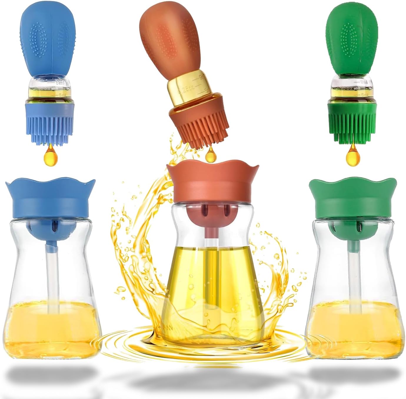 Oil Dispenser Bottle with Silicone Brush, 3 Pack 180ML 2 in 1 Silicone Dropper Measuring Oil Dispenser Bottle for Kitchen Cooking, Frying, Baking, BBQ Pancake, Air Fryer, Marinating