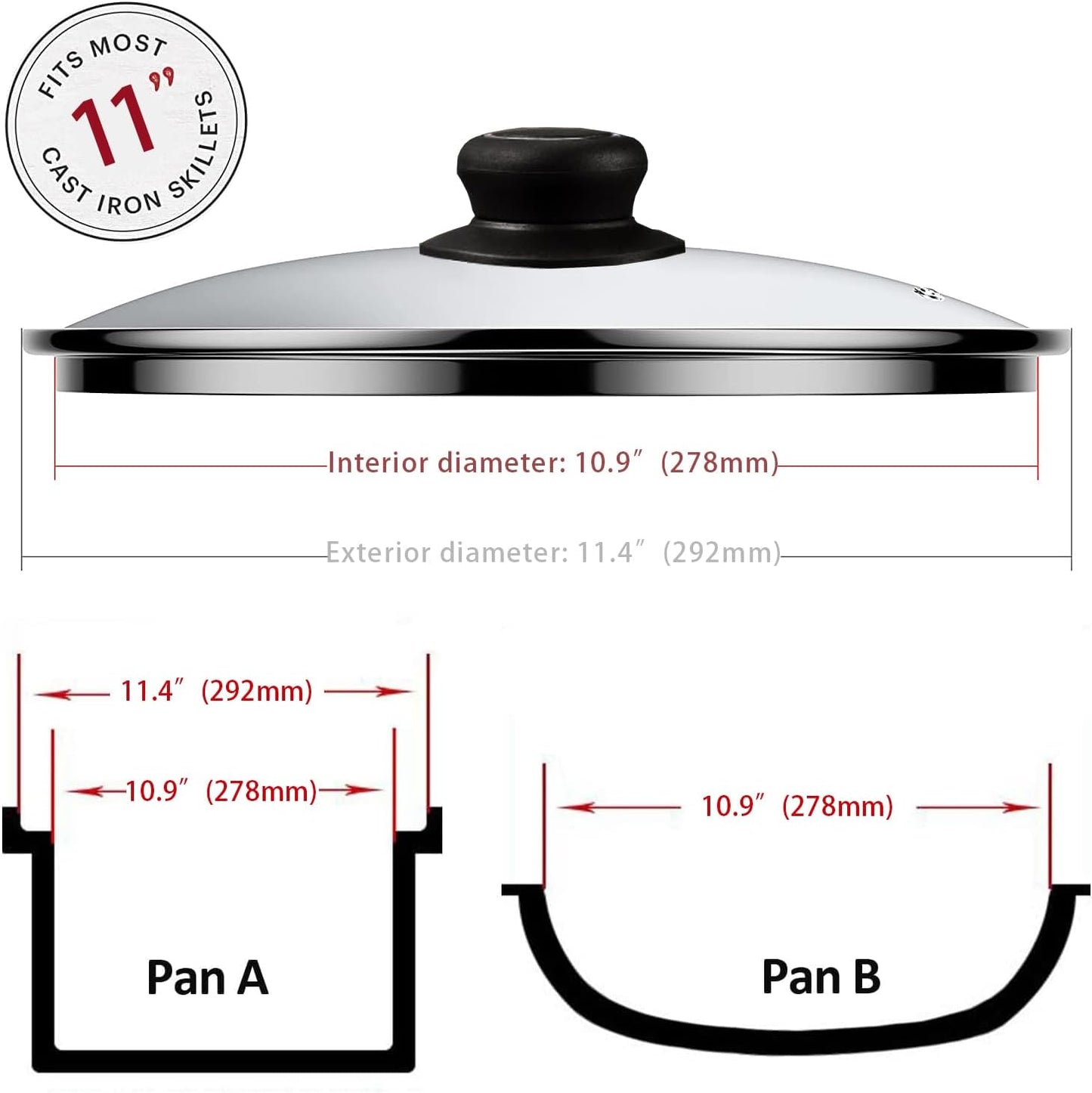 11 Inch Pan Lid Tempered Glass Pot Lid Replacement Glass Cover for 11" Cast Iron Skillets, Frying Pans, Pots and Wok, Heat Resistant Handle