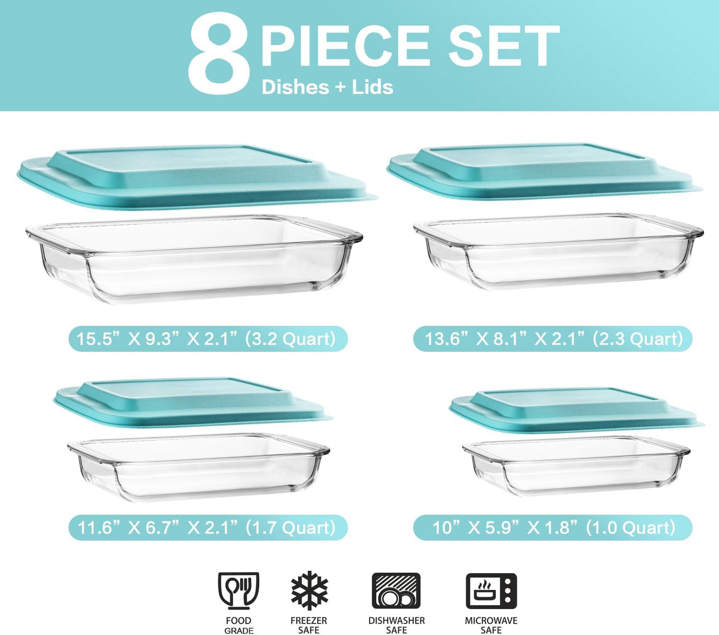 8-Piece Deep Glass Baking Dish Set with Plastic lids,Rectangular Glass Bakeware Set with Lids, Baking Pans for Lasagna, Leftovers, Cooking, Kitchen, Freezer-to-Oven and Dishwasher, Green