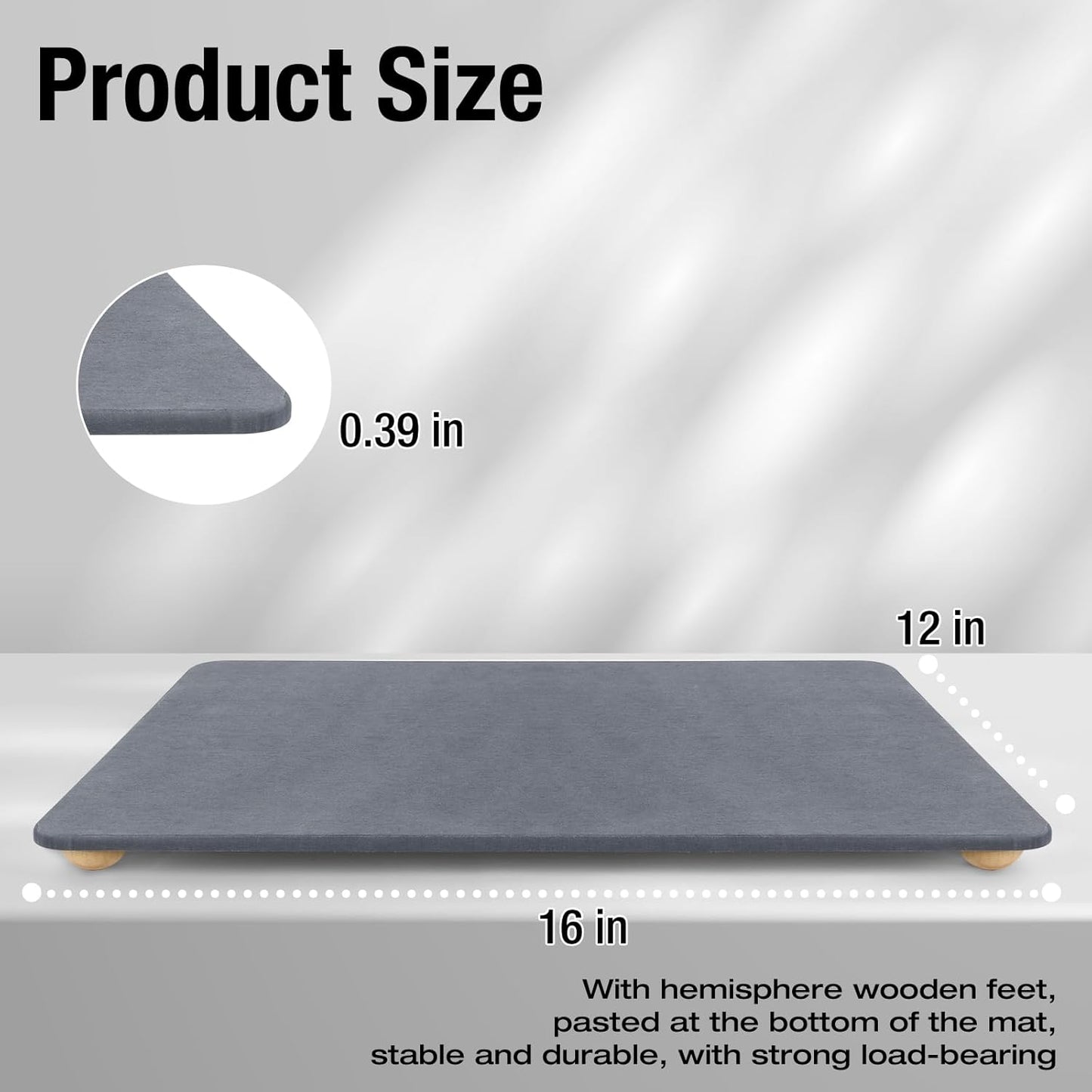 Stone Dish Drying Mat for Kitchen Counter, 16"×12" Quick Dry Super Absorbent Eco-Friendly Diatomaceous Earth Stone Mat with hemisphere wooden feet, Non-slip, Heat Resistant, Multi-purpose mats.