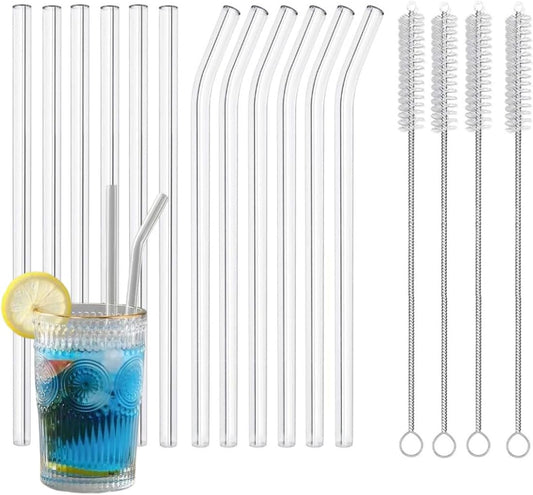 16 Pack Reusable Glass Straws,SIZE(8.5''x10 MM)，Set of 6 Straight and 6 Bent with 4 Cleaning Brush,Perfect for Smoothies,Tea, Juice