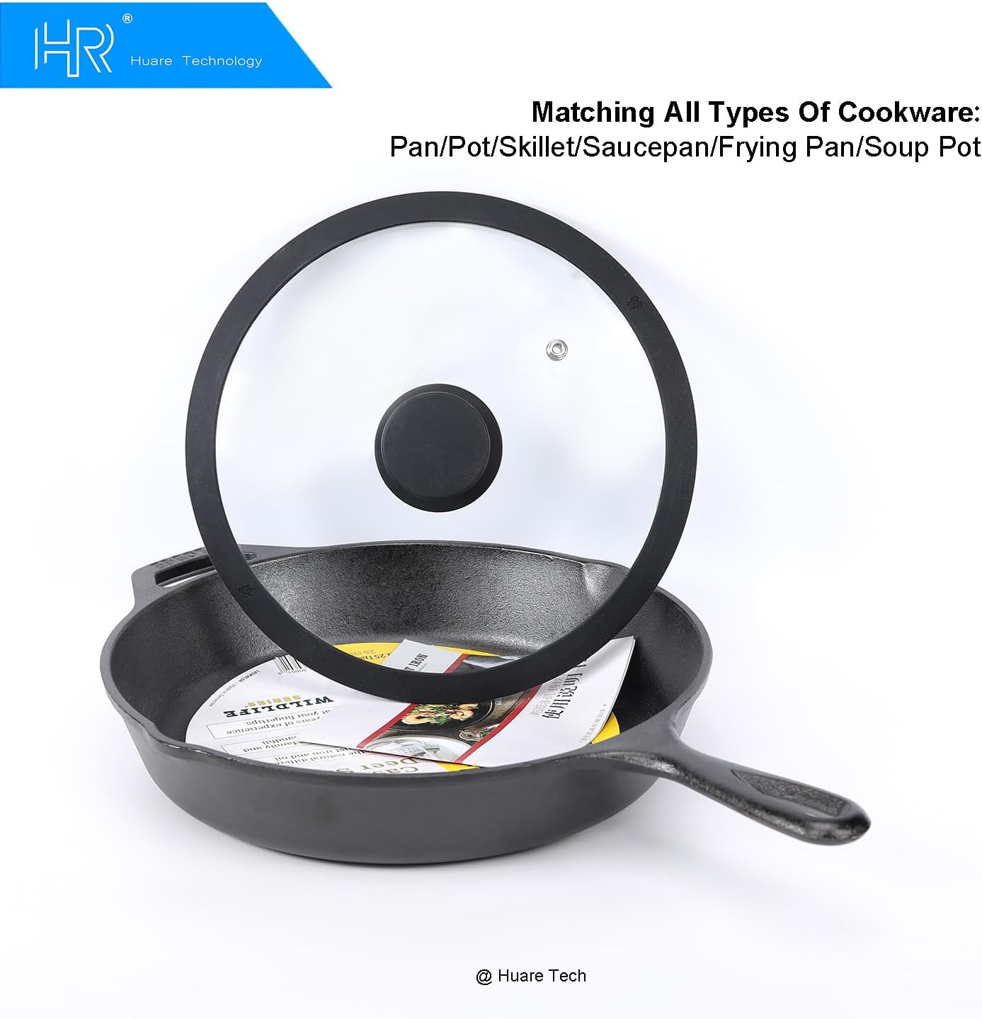 Silicon Glass Lid for Pot,Pan,Skillet Fits 11"(28CM) Cookware Silicon lid Dishwasher Safe, Replacement Lid Vented Tempered Glass with Heat Resistant Silicone Rim By HR Huare Technology,Black,1 Pack