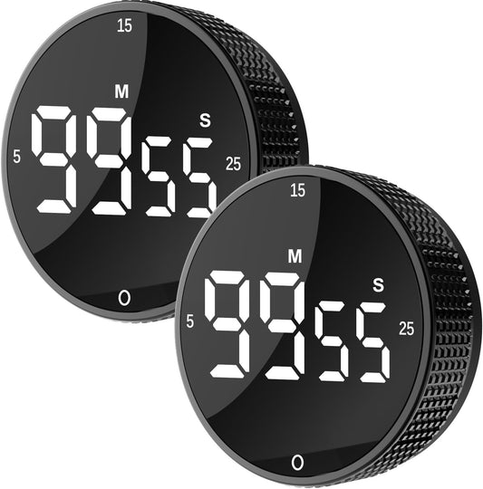 Upgrade Digital Kitchen Timer - 2 Pack Magnetic Countdown Countup Visual Pomodoro Timer with Large LED Display, 3-Preset Times, 3 Volume Levels, Ideal for Cooking, Baking and Fitness (2, Black)