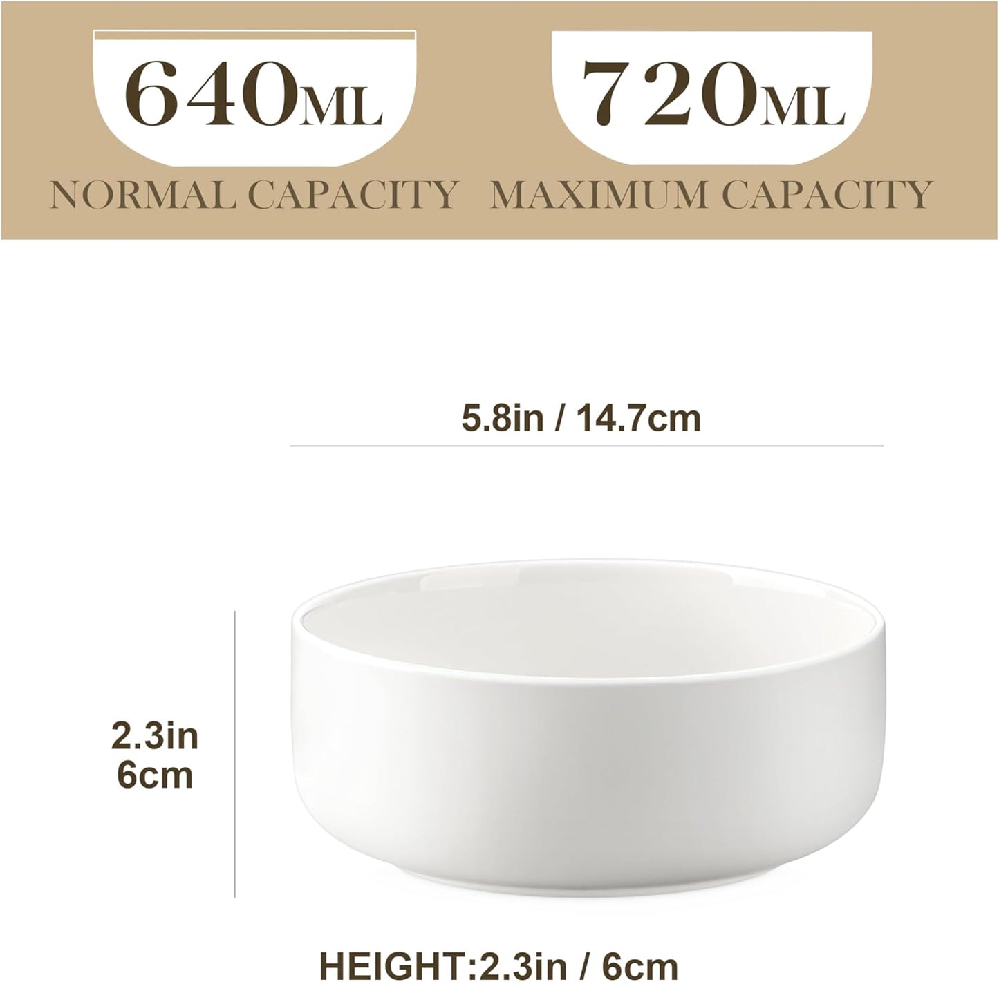 MALACASA 24 OZ Cereal Bowls, Porcelain Soup Oatmeal Bowls Set of 6, Kitchen Ceramic Serving Bowl, Dishwasher Microwave Oven Safe, White, Series LUNA