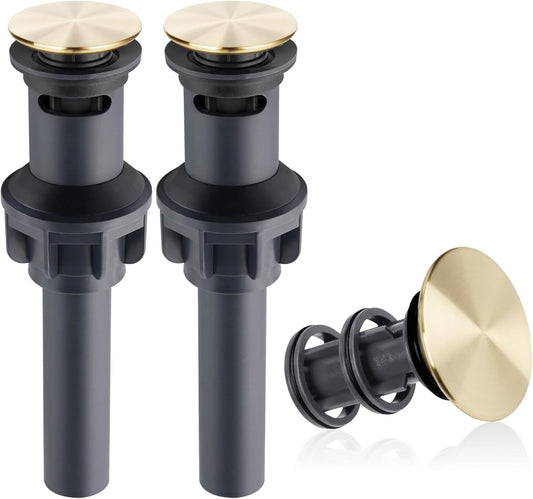 Hibbent 2 Pack Universal Bathroom Sink Drain Stopper, Pop Up Drain Strainer with Overflow, Push and Seal Sink Plug with Basket for Lavatory Vanity Vessel, Anti-Clogging Strainer, Brushed Gold