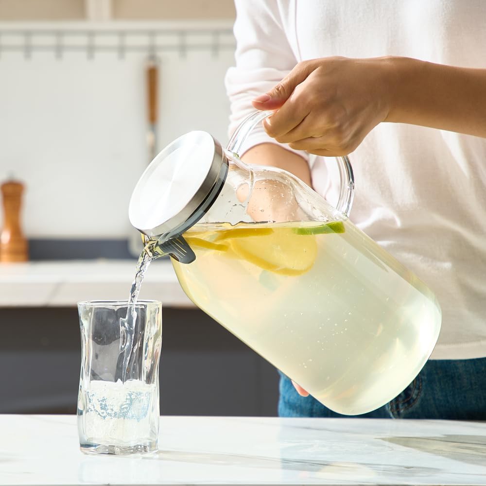 Karafu Glass Pitcher with Lid, 95 Ounces Wide Mouth Heat Resistant Water Jug for Hot/Cold Water, Ice tea and Juice Beverage