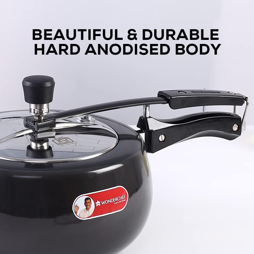 Wonderchef Taurus Hard Anodized Inner Lid Pressure cooker, 5 liter, Cool Touch Handles for Durability, Induction Friendly, 5 year warranty, ISI Certified5 LitresBlack