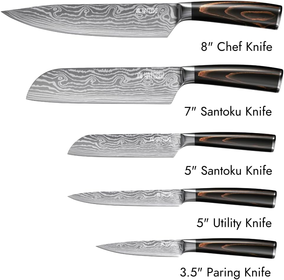 Yatoshi 5 Piece Knife Set - Pro Kitchen Knife Set Ultra Sharp High Carbon Stainless Steel with Ergonomic Handle