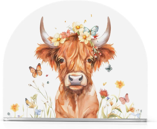 Highland Cow with Butterflies Napkin Holder for Table Paper Napkins Holder Acrylic Tissue Dispenser Kitchen Dining Room Bathroom Party Car Decor