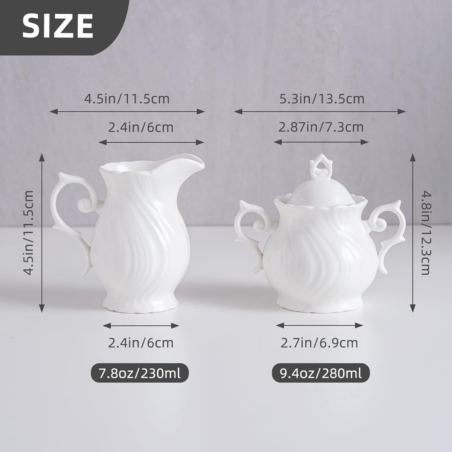 Sugar and Creamer Set Ceramic, Creamer Pitcher and Sugar Bowl with Lid, Creamer Pitcher with Handle,Sugar Cube Dish Coffee or Tea, White (white)