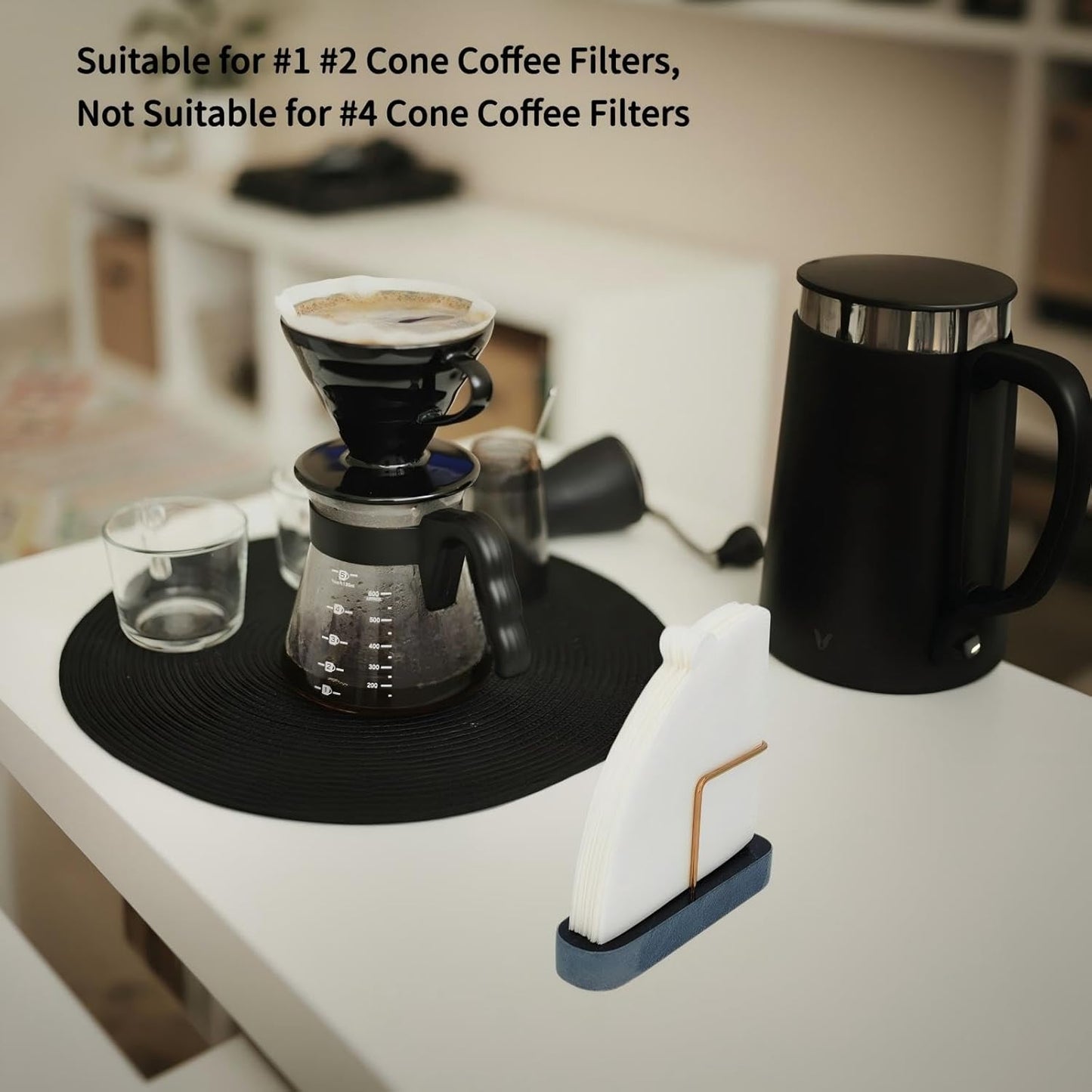 Cone Coffee Filter Holder for Counter, Coffee Filter Storage Container for Cone Paper Filters Size #01 ＆ #02, Marble Base with Non-Slip Pad (Black)