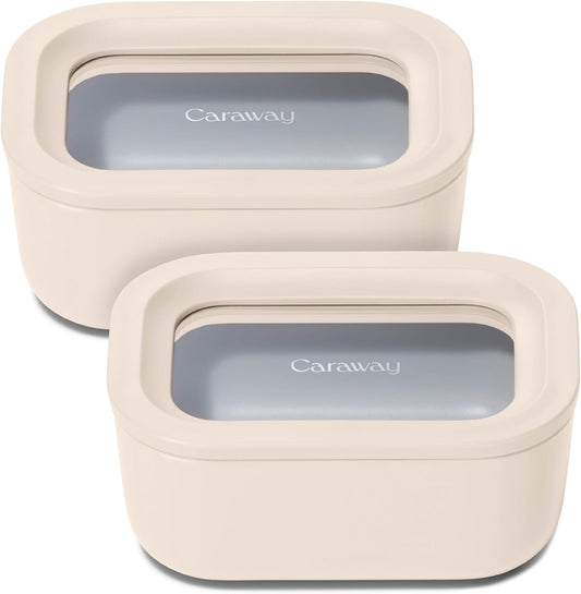 Caraway 2pc Glass Food Storage Set - 2.6 Cup Food Containers (2) - Non-Toxic Ceramic-Coated Glass - Air Release Technology - Compact & Stackable Design - Cream