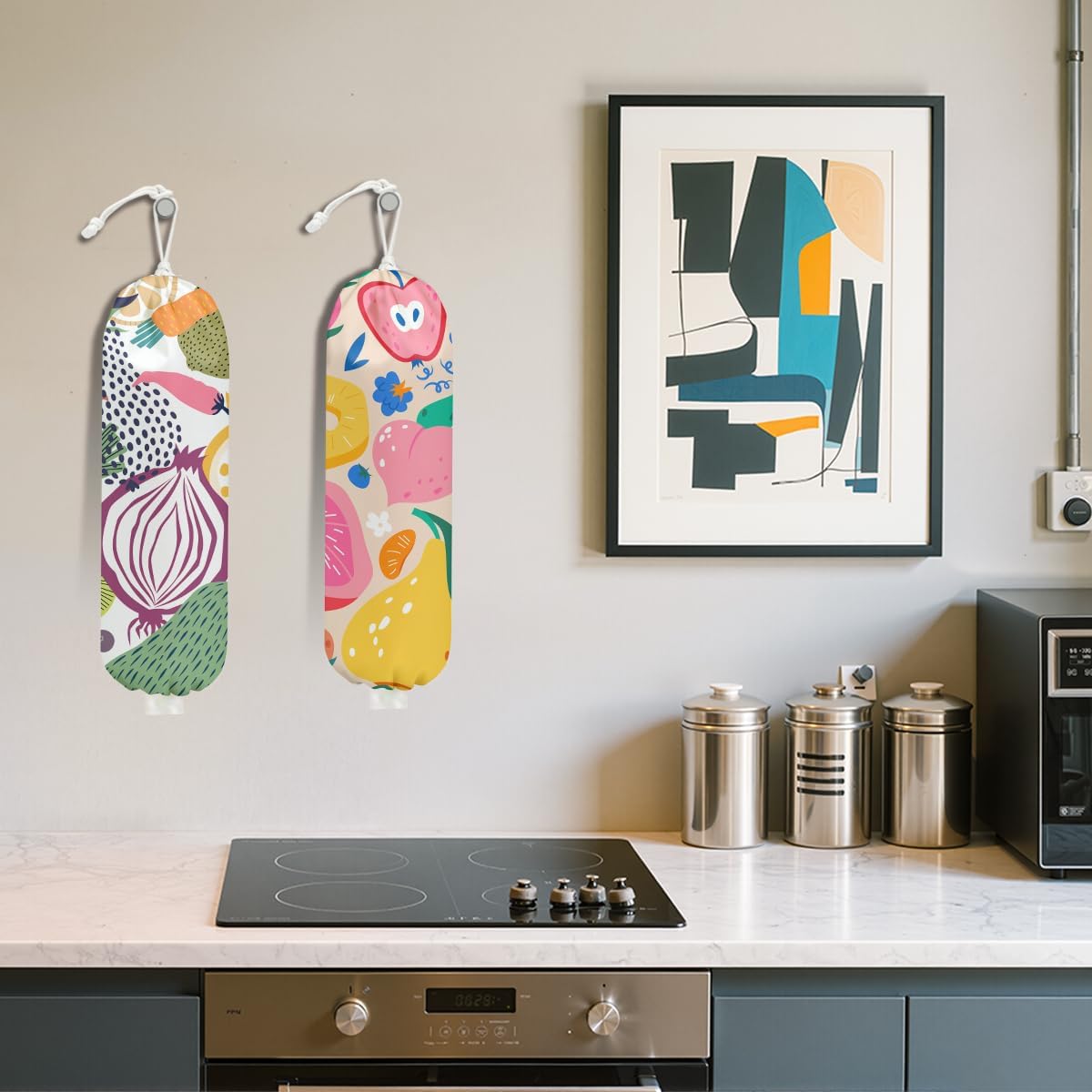 2Pcs Abstract Summer Fruits Plastic Bag Holder for Kitchen Essentials, Grocery Bag Holder for Plastic Bags, Dragon Fruit Orange Peach Reusable Grocery Bags Storage Dispenser for Home Kitchen Farmhouse