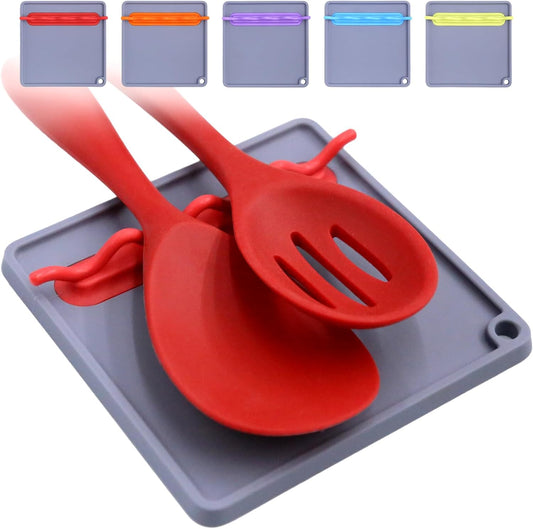 Silicone Spoon Rest for Stove Top, Non-Slip and Heat-Resistant, BPA-Free Kitchen Spoon Rest for Spoons and Ladles, Gray + Red