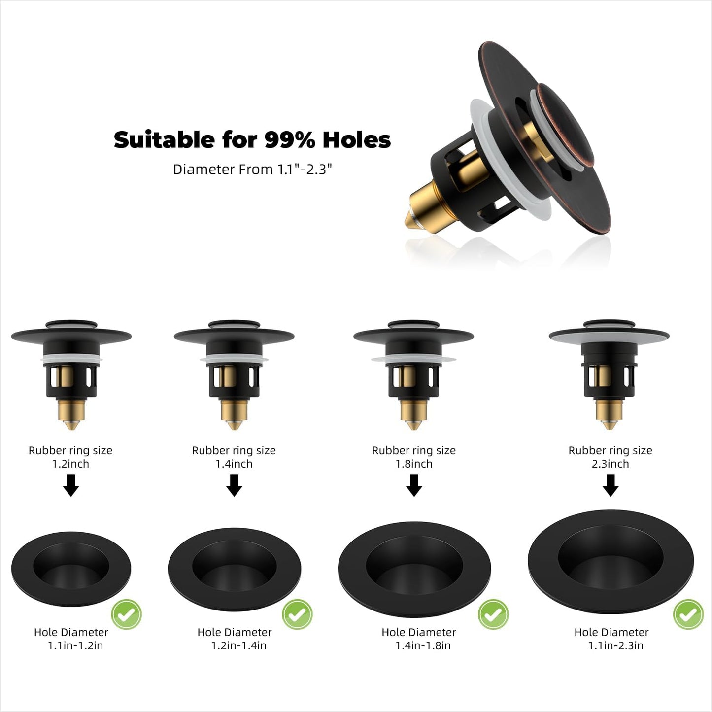 Hibbent 2 Pack All Metal Universal Bathroom Sink Stopper for 1.1''~2.3'' Basin, Pop Up Sink Drain Strainer, Brass Core Push Type Stopper, Stainless Steel Anti Clogging Drain Filter, Oil-Rubbed Bronze