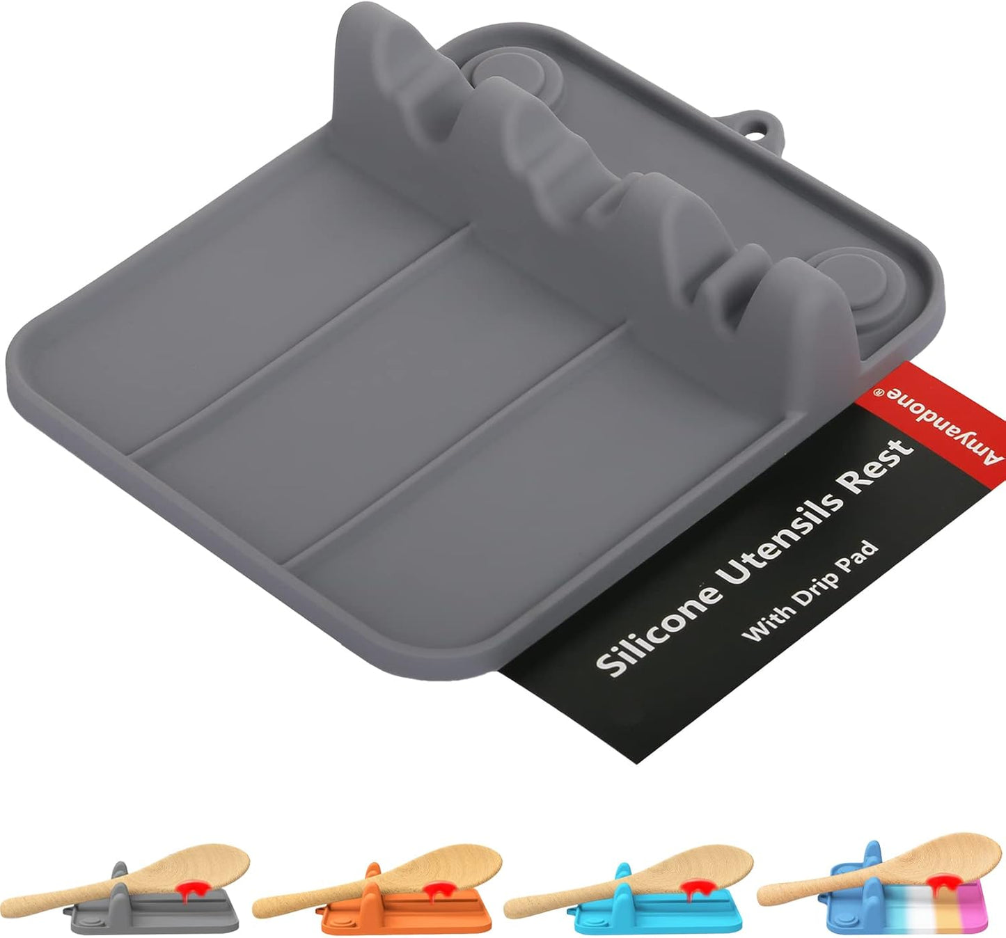 Spoon Rest, Silicone Spoon Holder for Stove Top with Drip Pad Suitable for Multiple Kitchen Gadgets, 3 Grooves Upgraded Utensil Rest for Kitchen Counter, Heat Resistant Dishwasher Safe Gray